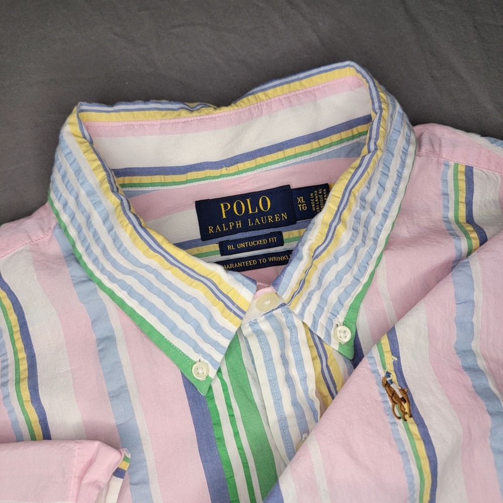 Polo Ralph Lauren Untucked Mens Large Pastel Striped Flesh Pony Guaranteed Wrink